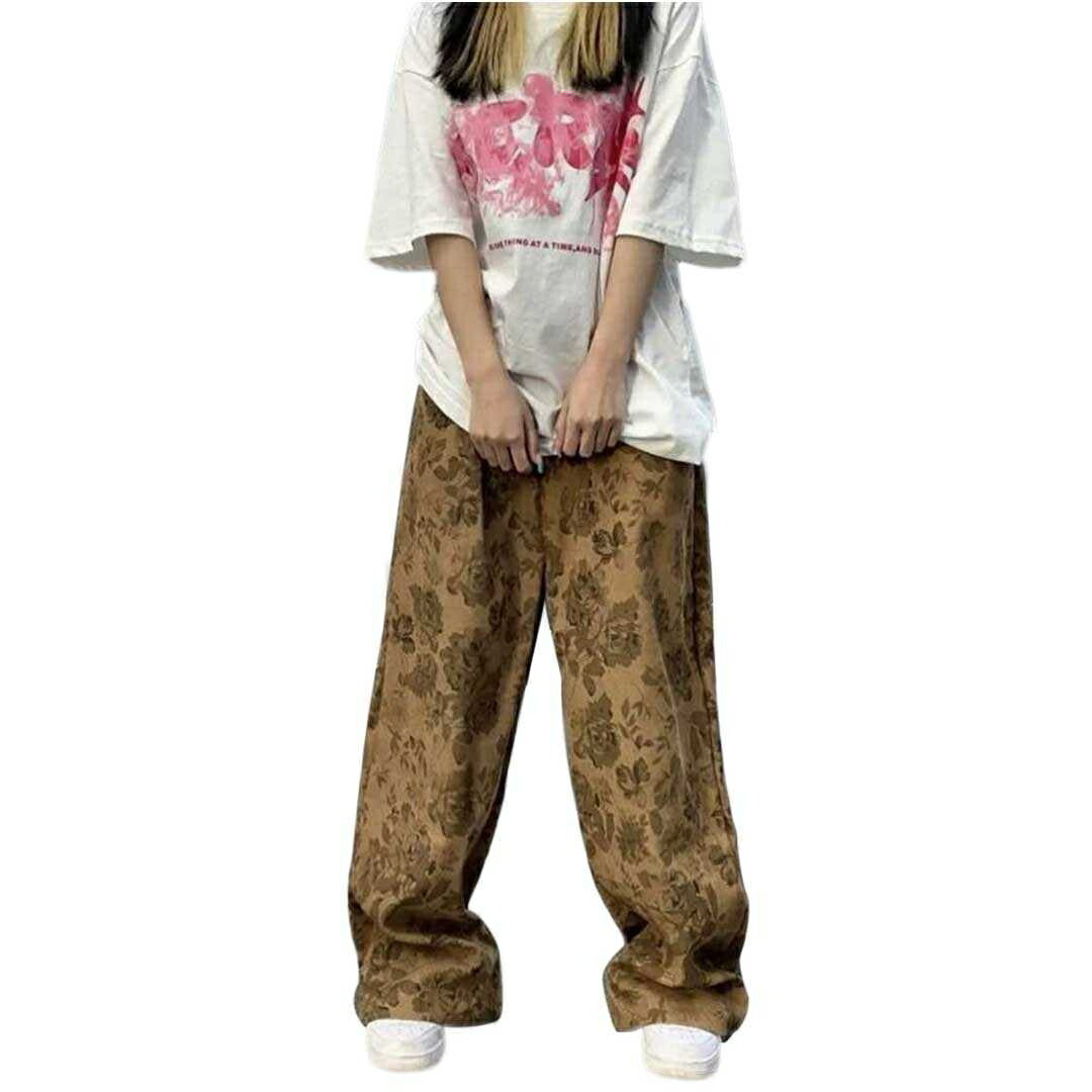 ボトムス 女性 | 花柄ワイドパンツ Lサイズ（ブラック/ブラウン）