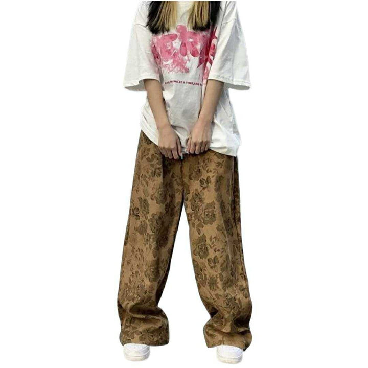 ボトムス 女性 | 花柄ワイドパンツ Lサイズ（ブラック/ブラウン）