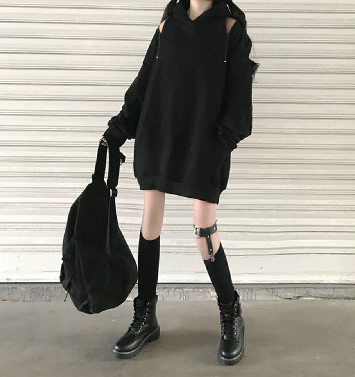 パーカー 女性 | ブラックオフショルダーパーカー ビッグシルエット