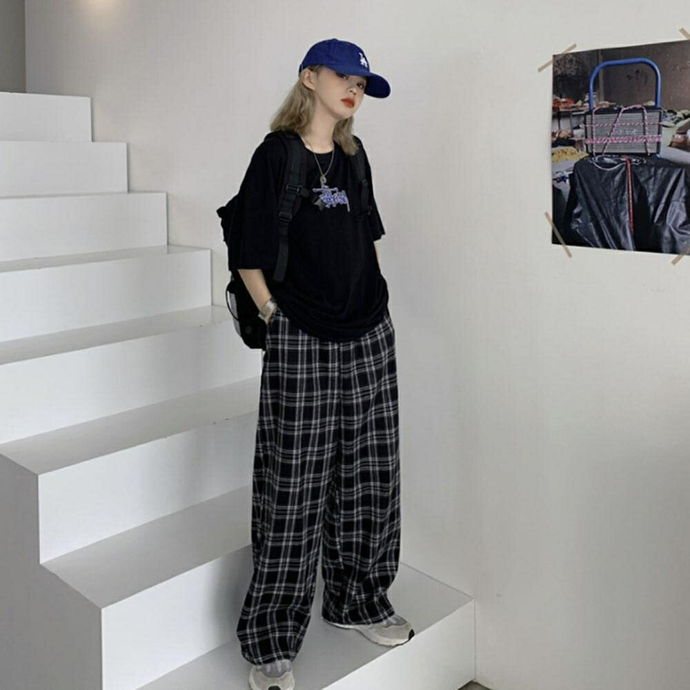 ボトムス 女性 | チェック柄ストレートパンツ 春夏用 ユニセックス