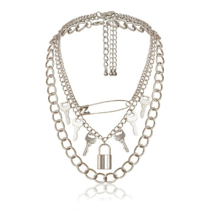 ネックレス | ハート＆キー南京錠デザイン ネックレス - シルバー【メンズ・レディース】