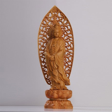 風水 インテリア | 高級天然ツゲ木彫り 観音菩薩立像 透かし彫り装飾