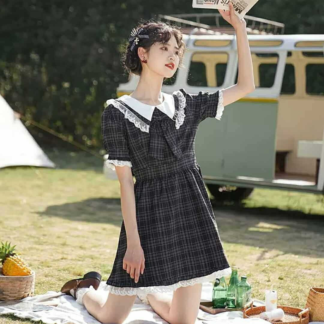 ワンピース ドレス | ブラックチェック柄ワンピース 半袖リボン付き Mサイズ