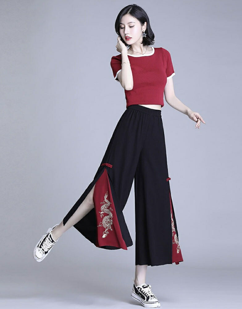 ボトムス 女性 | 龍刺繍ワイド袴パンツ 和風デザイン