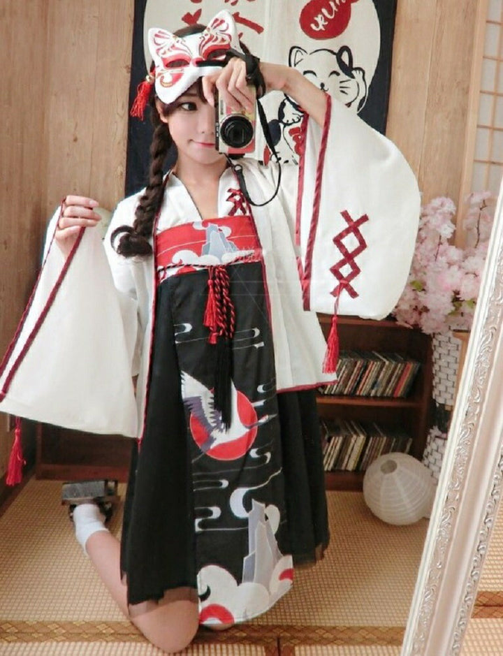 ワンピース ドレス | 鶴柄和風ドレス ホワイト 膝丈