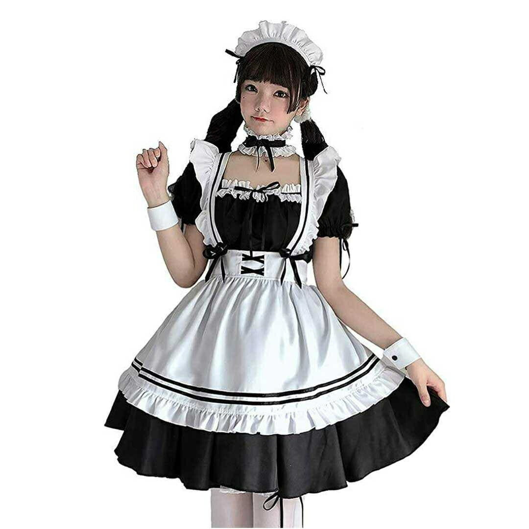 ワンピース ドレス | ハロウィン用メイド服コスプレセット - ホワイト＆ブラック、大きいサイズあり