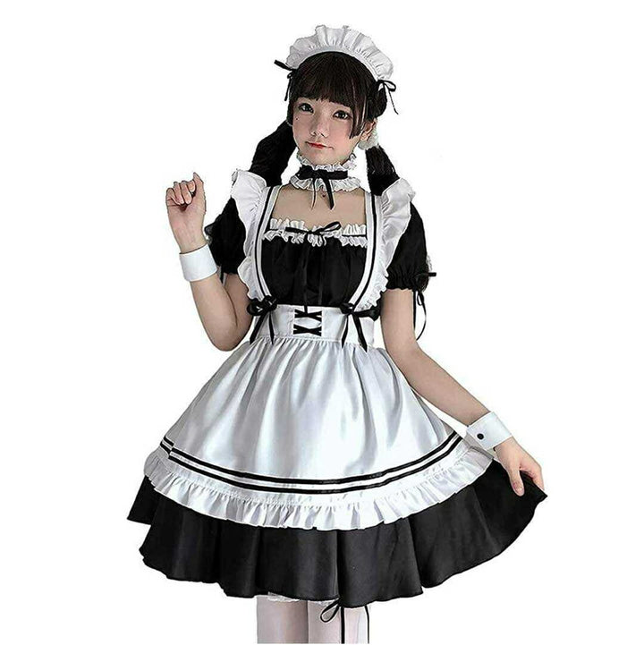 ワンピース ドレス | ハロウィン用メイド服コスプレセット - ホワイト＆ブラック、大きいサイズあり