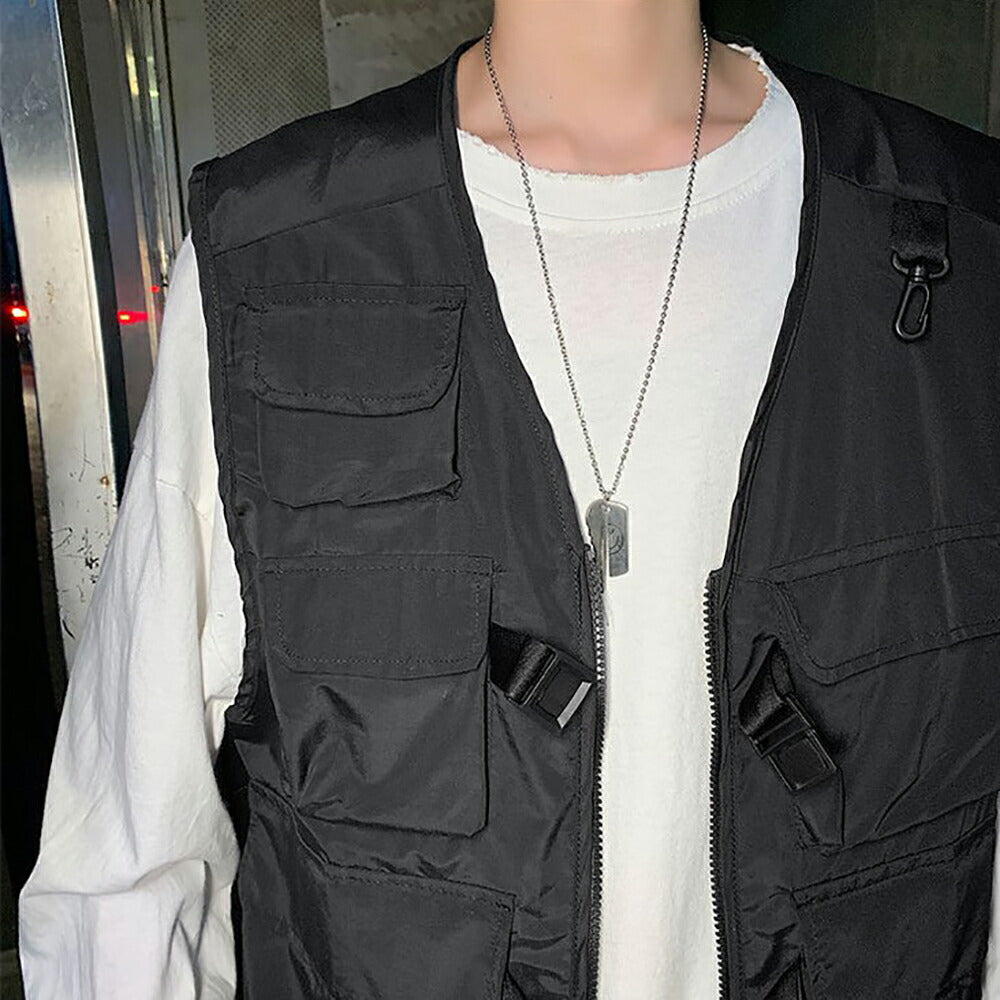 男性ファッション その他 | 黒無地メンズフィッシングベスト：多機能・多ポケット