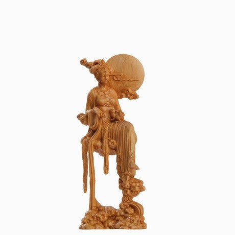 風水 インテリア | 中秋の贈り物「嫦娥と兎」木彫り天女像