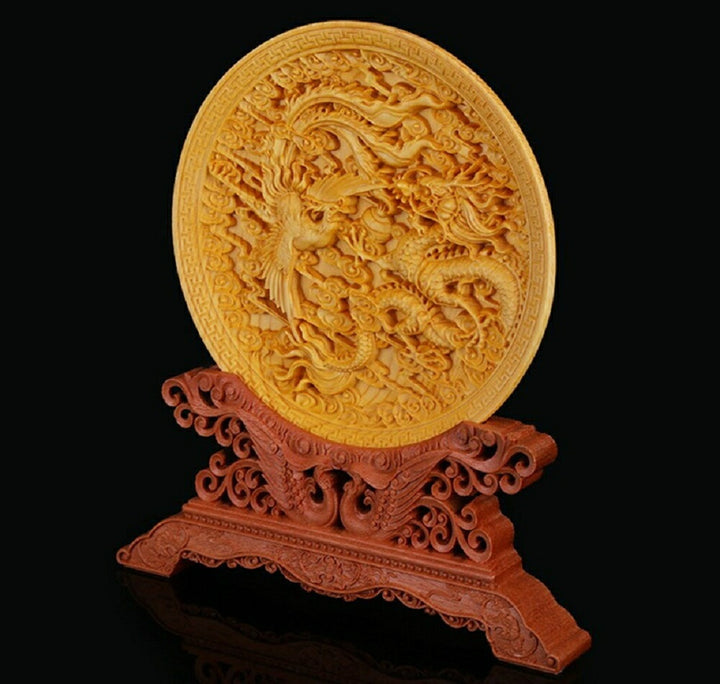 風水 インテリア | 風水龍神＆鳳凰彫り皿 置物・開運インテリア 木彫り直径145mm