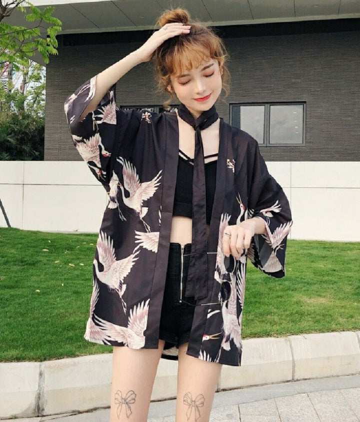 はっぴ | メンズ・レディース兼用 鶴柄和風ローブ（法被/はんてん）- お祭り・コスプレ向け