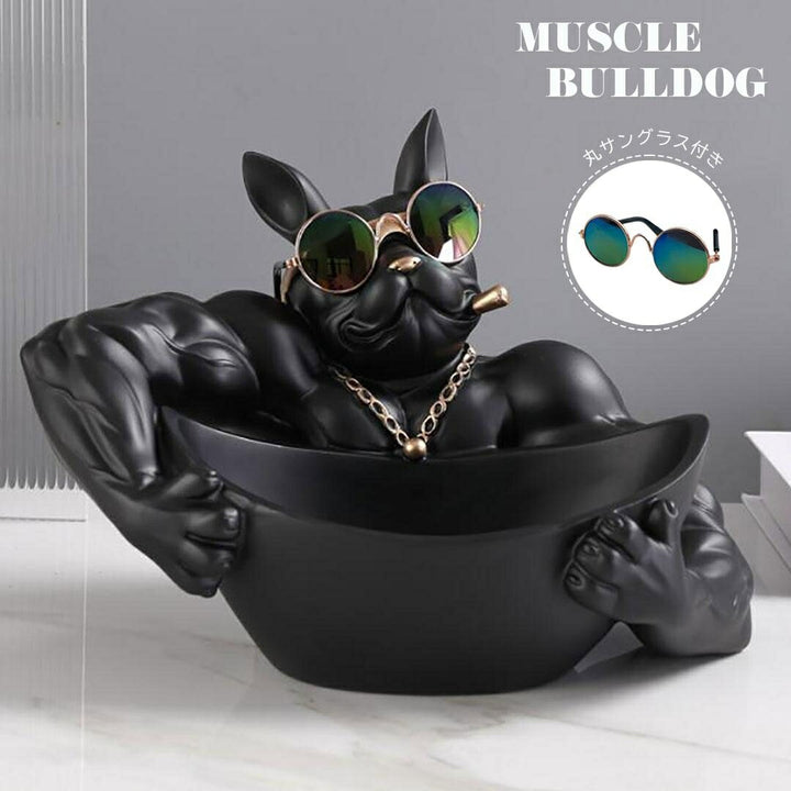 インテリア オブジェ | ブルドッグ置物 小物入れ・貯金箱 ブラックサングラス付き