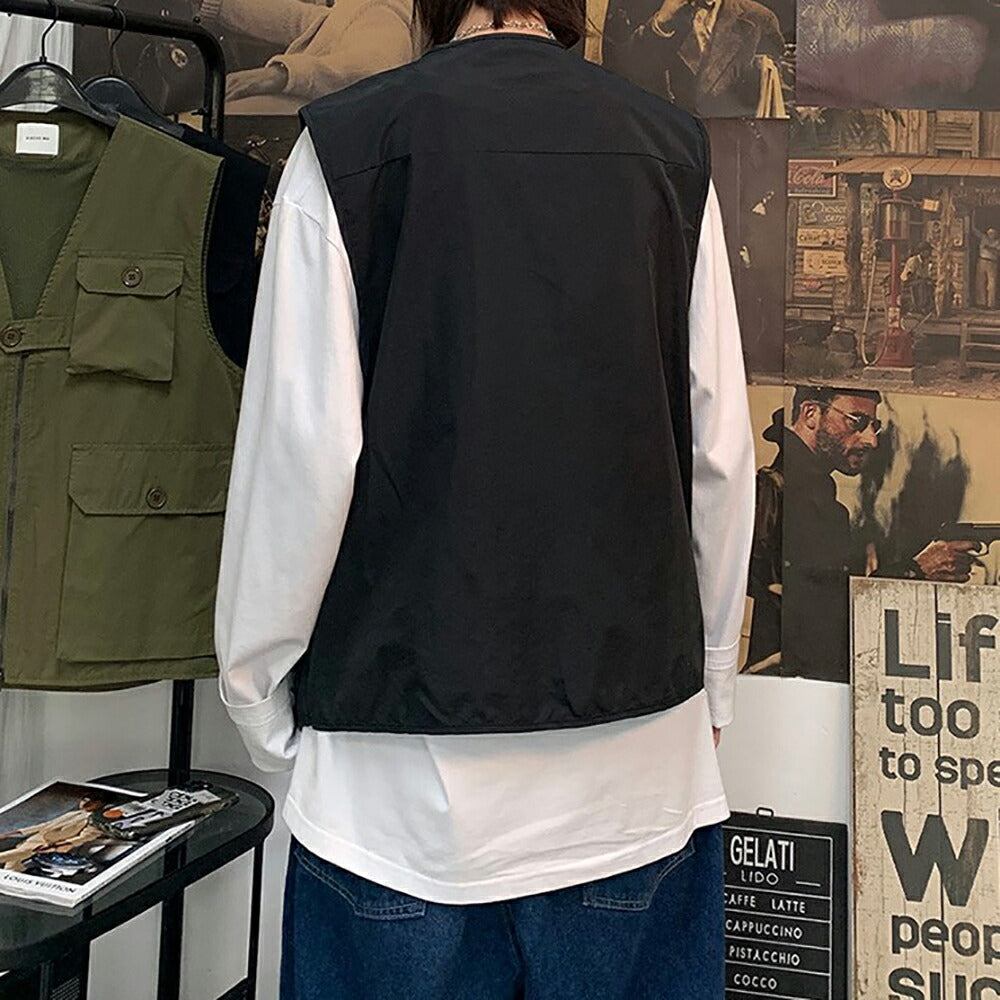 男性ファッション その他 | 黒無地メンズフィッシングベスト：多機能・多ポケット