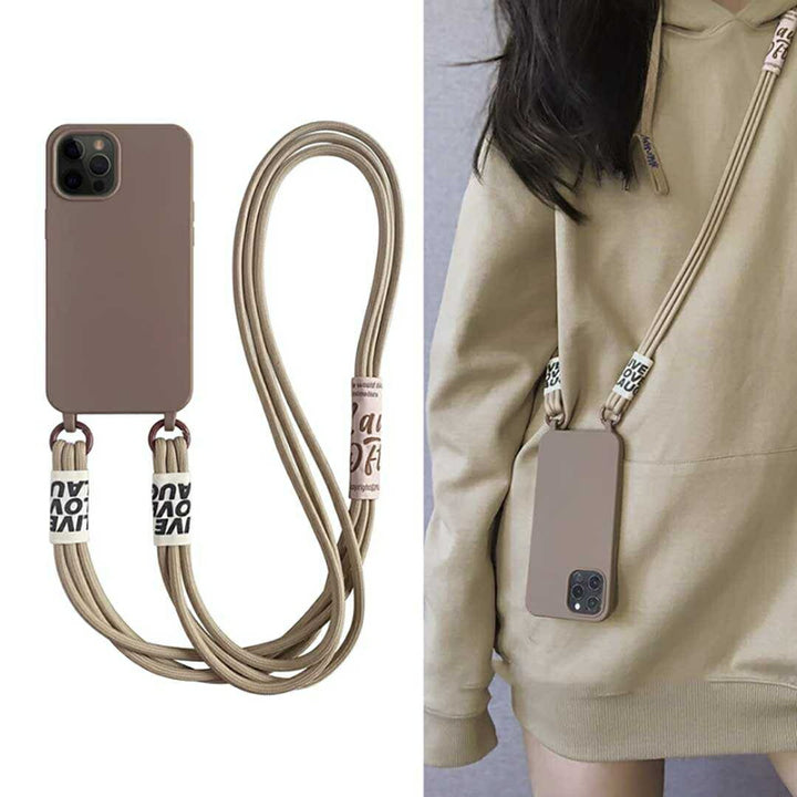 スマホ ヘッドホン | iPhone 13用シリコンケース - ブラウン、ストラップ付き、薄型