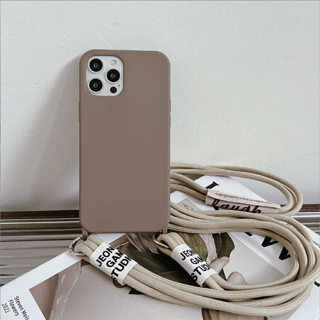 スマホ ヘッドホン | iPhone 13用シリコンケース - ブラウン、ストラップ付き、薄型