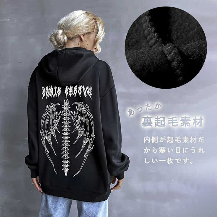 パーカー 女性 | 羽根と骨のデザインパーカー ユニセックス 長袖