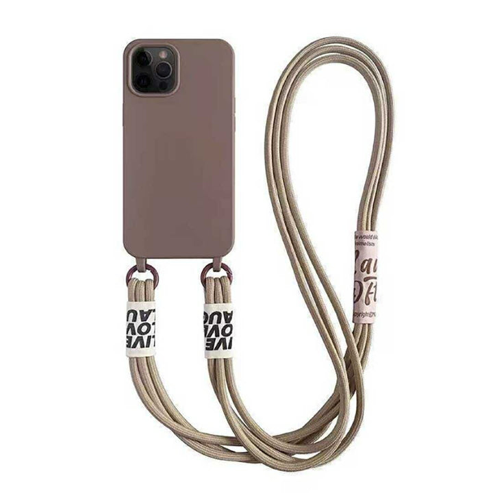 スマホ ヘッドホン | iPhone 13用シリコンケース - ブラウン、ストラップ付き、薄型