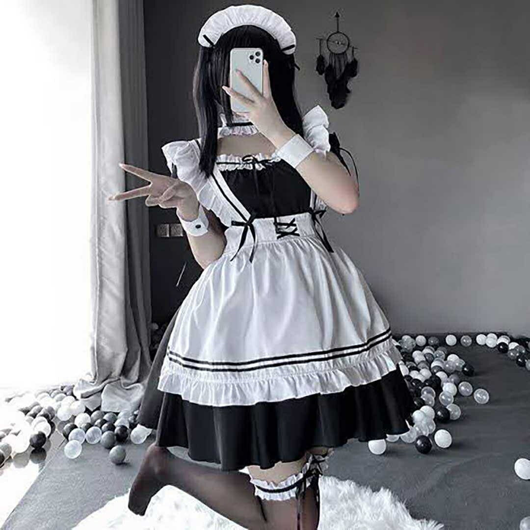 ワンピース ドレス | ハロウィン用メイド服コスプレセット - ホワイト＆ブラック、大きいサイズあり