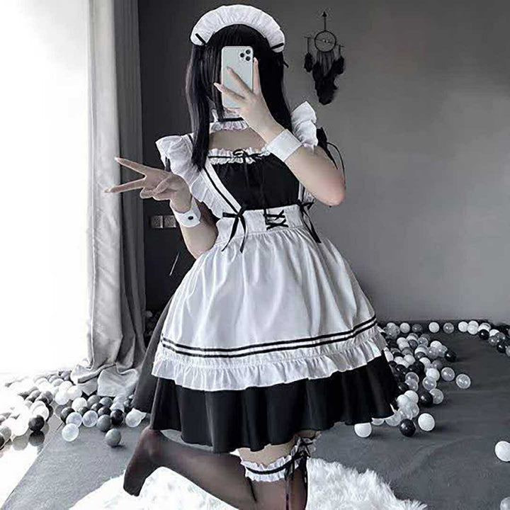 ワンピース ドレス | ハロウィン用メイド服コスプレセット - ホワイト＆ブラック、大きいサイズあり