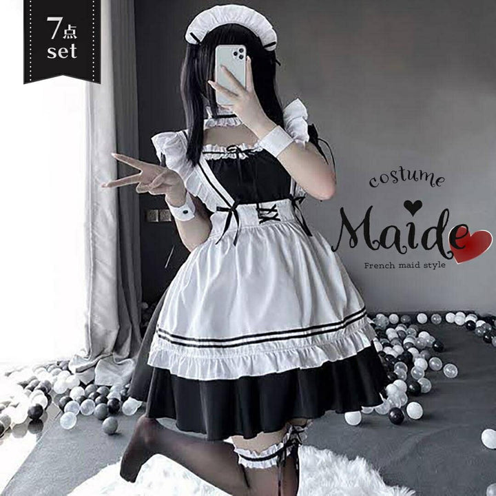 ワンピース ドレス | ハロウィン用メイド服コスプレセット - ホワイト＆ブラック、大きいサイズあり