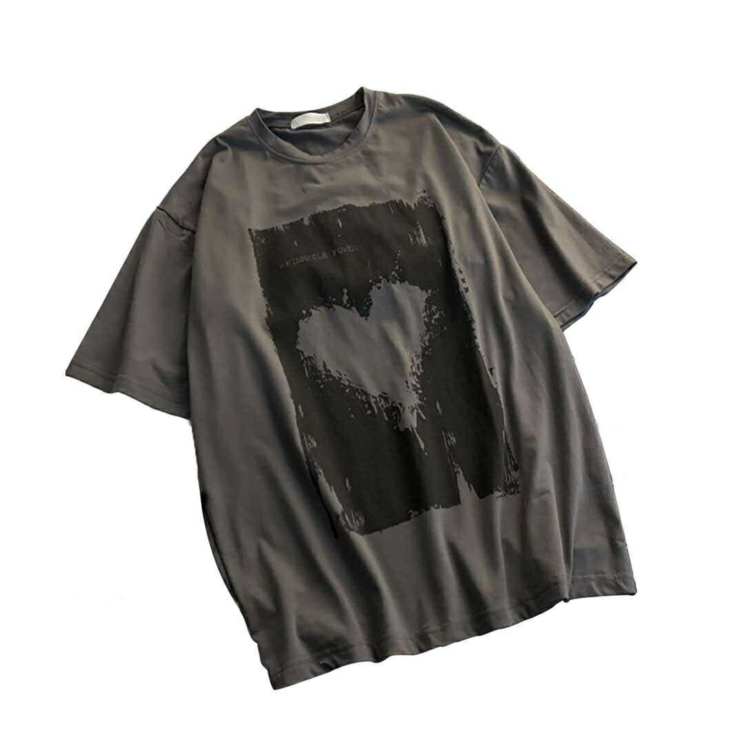 シャツ 女性 | ダークグレー ハート半袖Tシャツ Lサイズ - ゆったり韓国ファッション