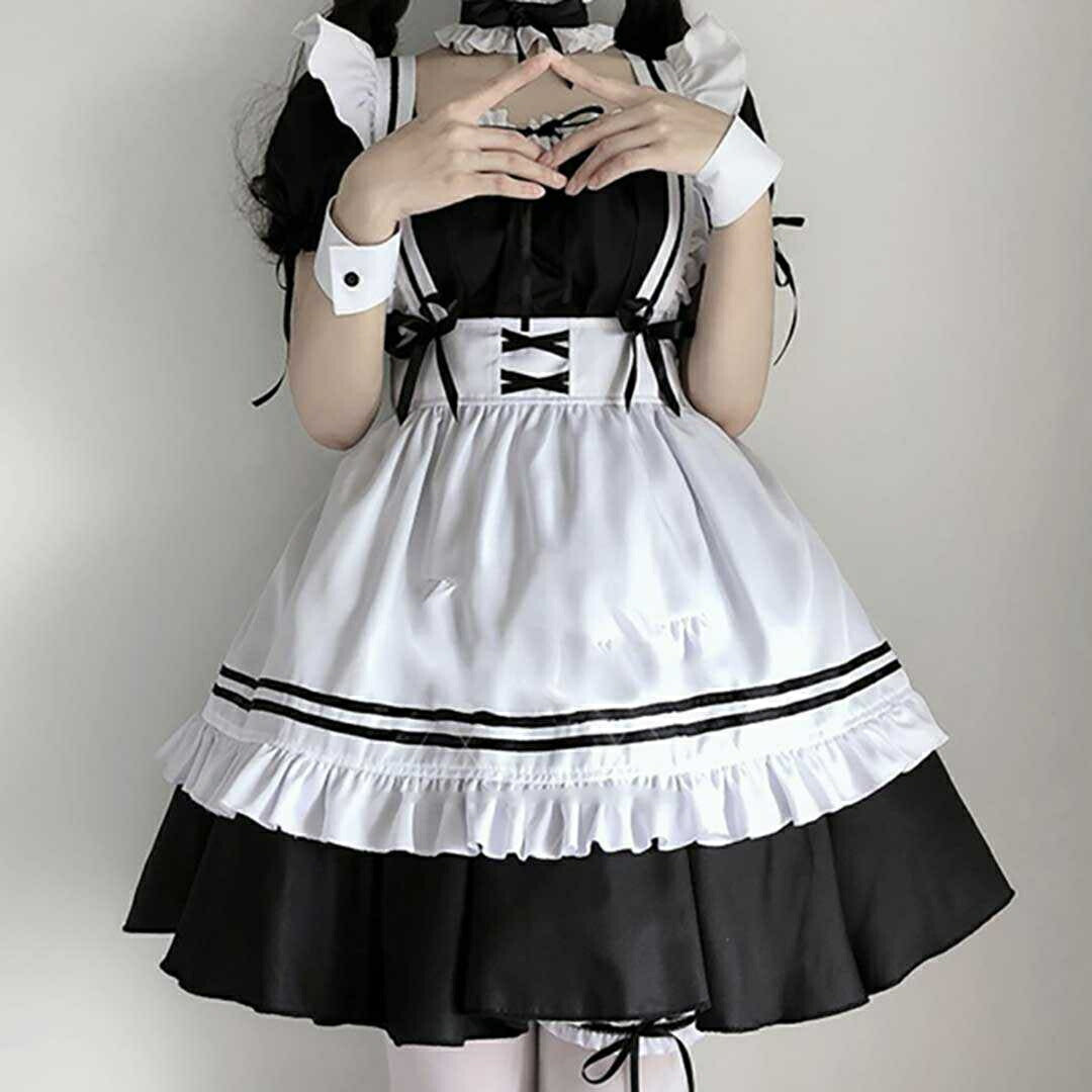 ワンピース ドレス | ハロウィン用メイド服コスプレセット - ホワイト＆ブラック、大きいサイズあり