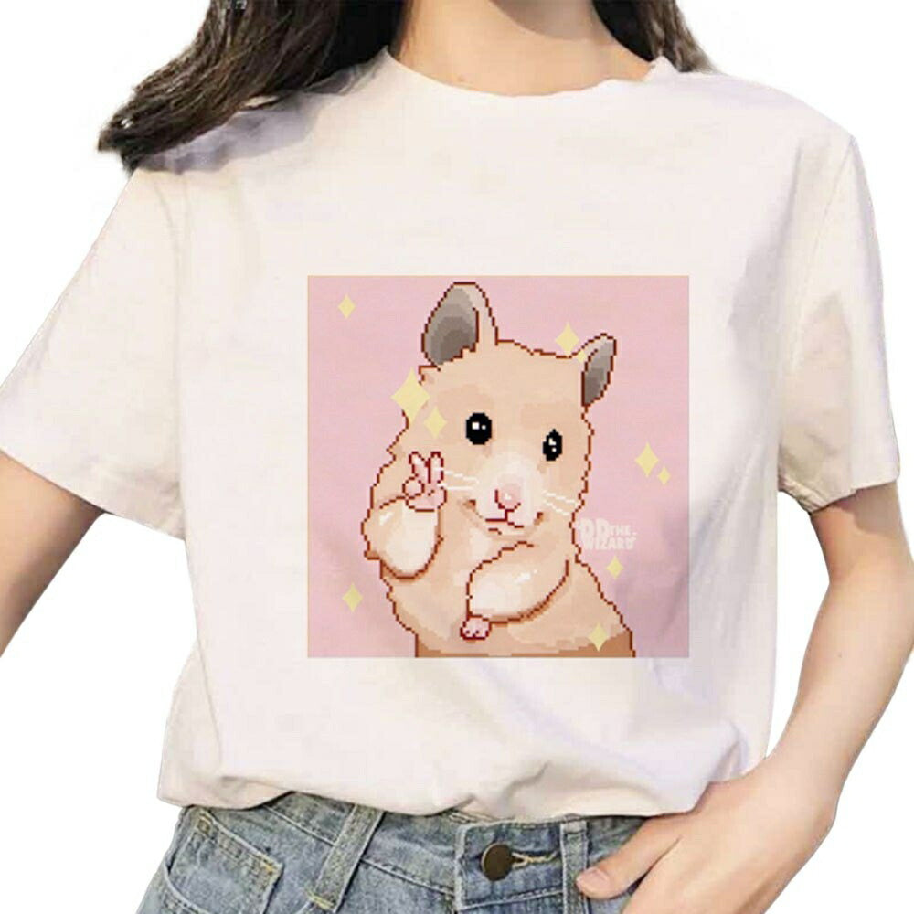 シャツ 女性 | ハムスター ピース半袖Tシャツ - 夢かわいいビッグシルエット
