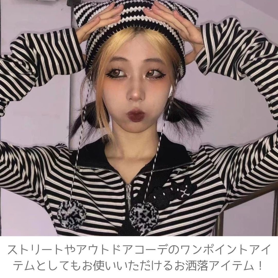 キャップ | 猫耳ポンポン付きシマシマニット帽 全3カラー 男女兼用