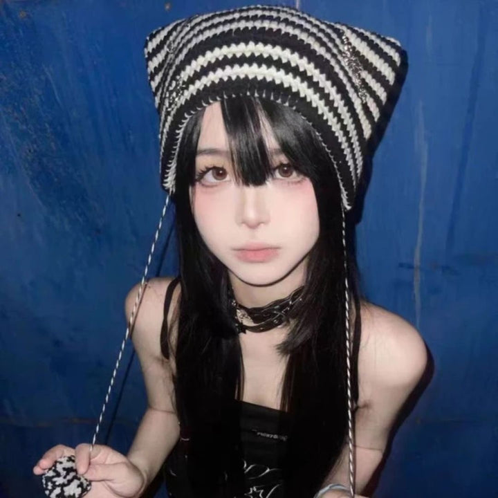 キャップ | 猫耳ポンポン付きシマシマニット帽 全3カラー 男女兼用