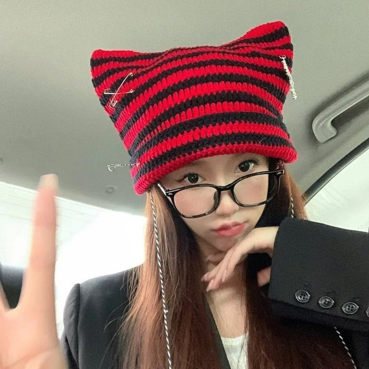 キャップ | 猫耳ポンポン付きシマシマニット帽 全3カラー 男女兼用