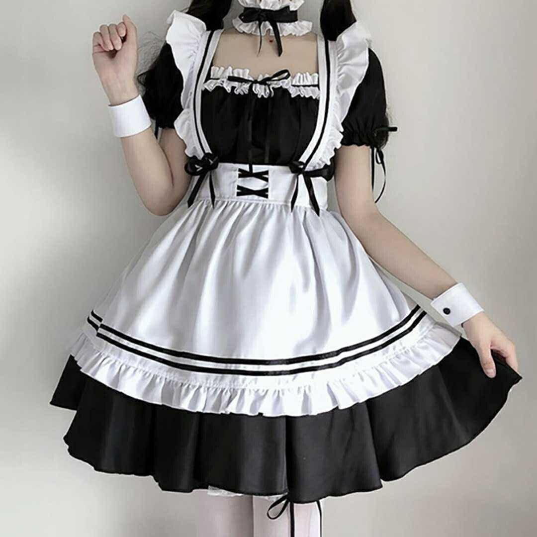 ワンピース ドレス | ハロウィン用メイド服コスプレセット - ホワイト＆ブラック、大きいサイズあり