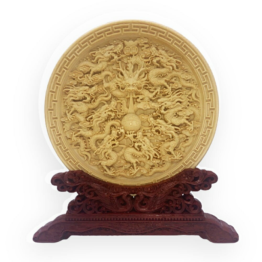 風水 インテリア | 九龍円盤型木彫り置物 - 風水開運インテリア