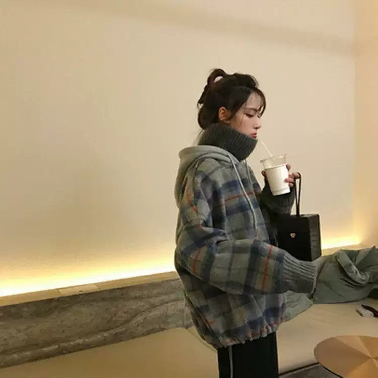 パーカー 女性 | ハイネック チェック柄 オーバーサイズパーカー