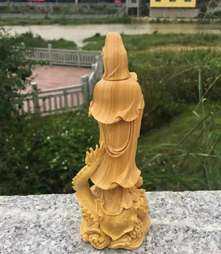 風水 インテリア | ツゲ木彫り観音像 置物 - 風水金運向上、開店祝いに