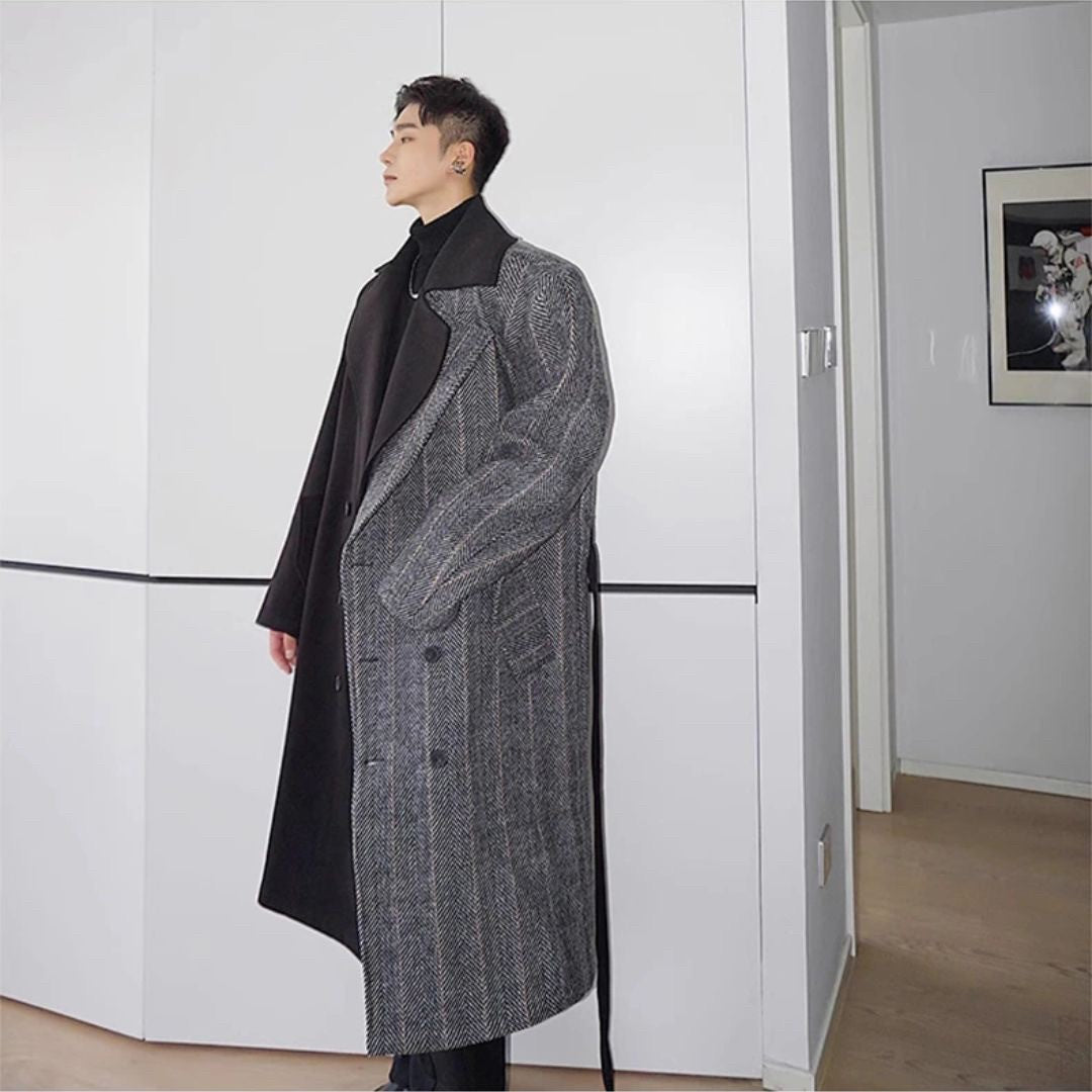 アウタージャケット 男性 | ウールブレンド ツートンロングコート - スマート＆シック 秋冬向け