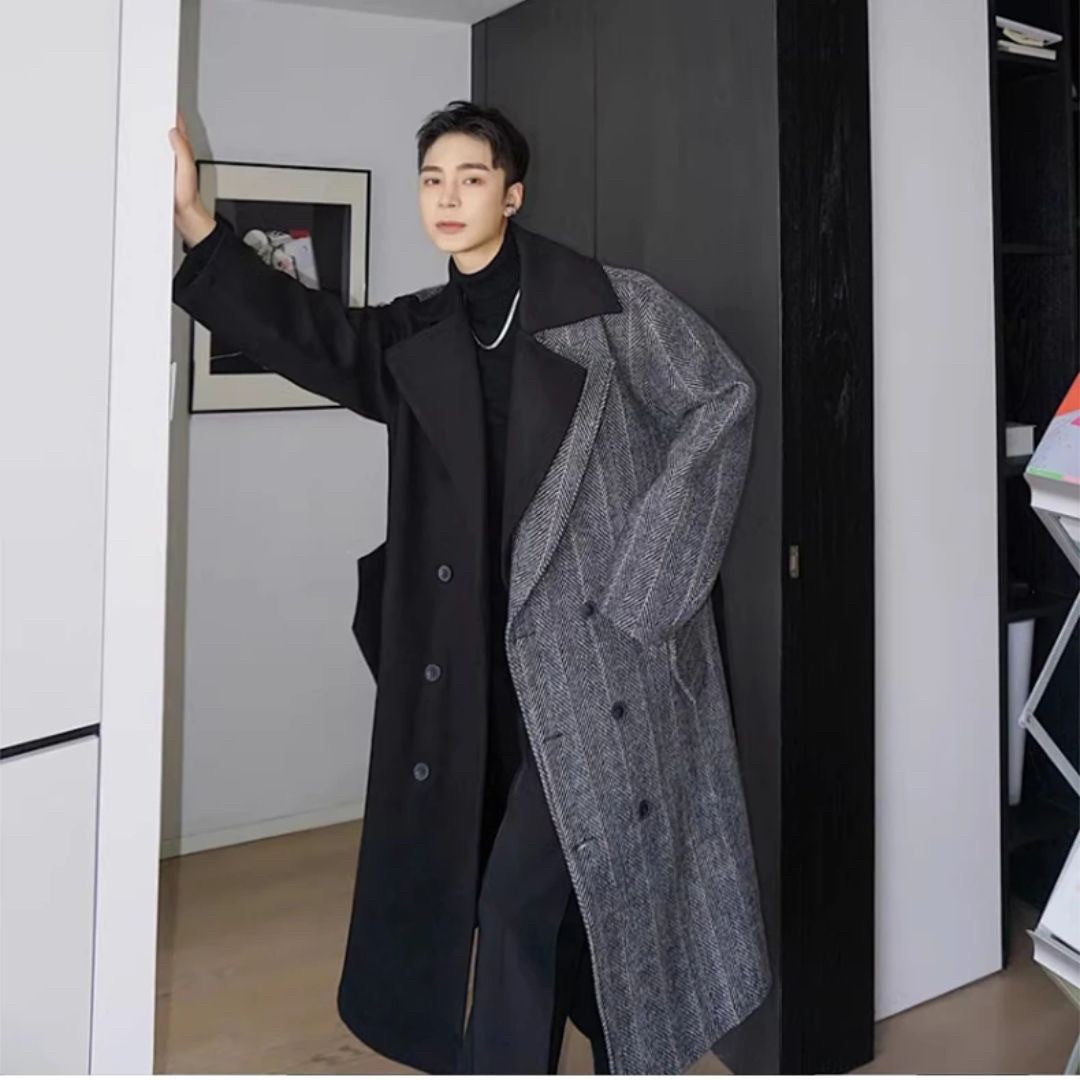 アウタージャケット 男性 | ウールブレンド ツートンロングコート - スマート＆シック 秋冬向け