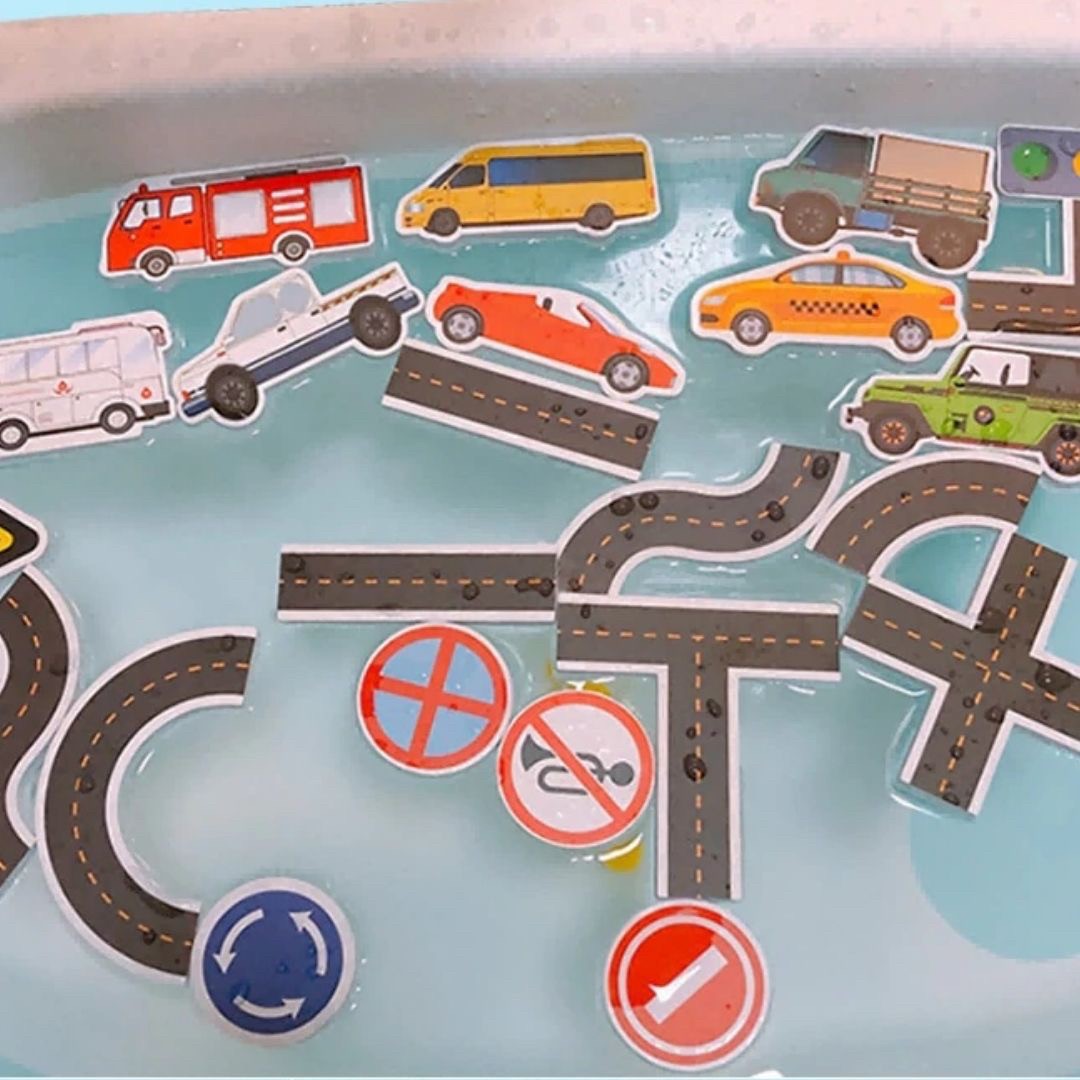赤ちゃん用品 | お風呂用バスステッカー知育玩具セット - 乗り物＆道路デザイン