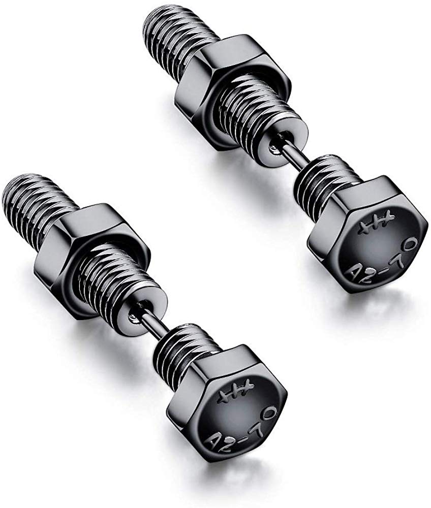 ピアス イヤーカフ | ブラック六角ナット スタッドピアス ユニセックス