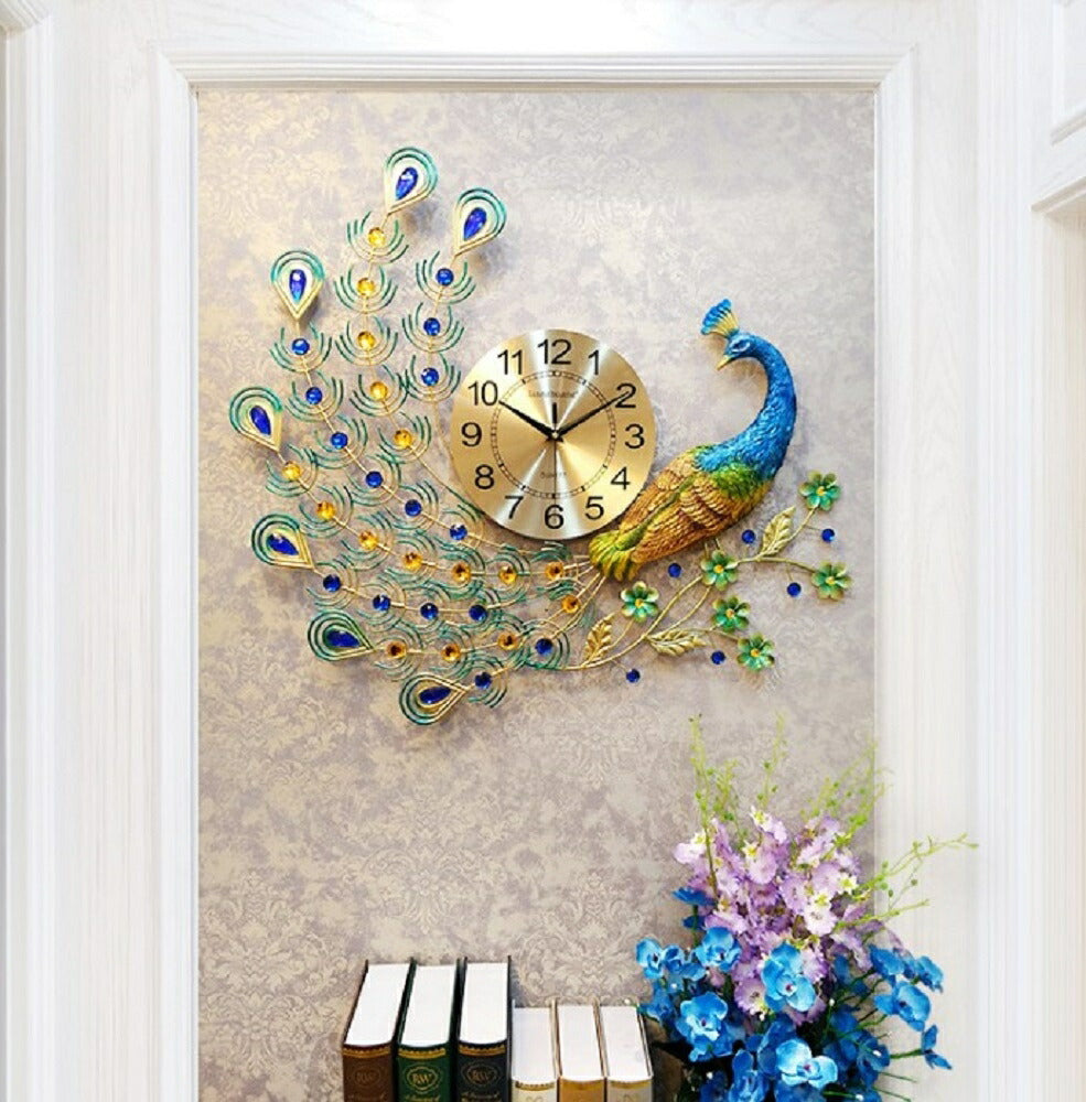 壁掛け時計 | 孔雀デザイン壁掛け時計 ゴールド＆ブルーストーン