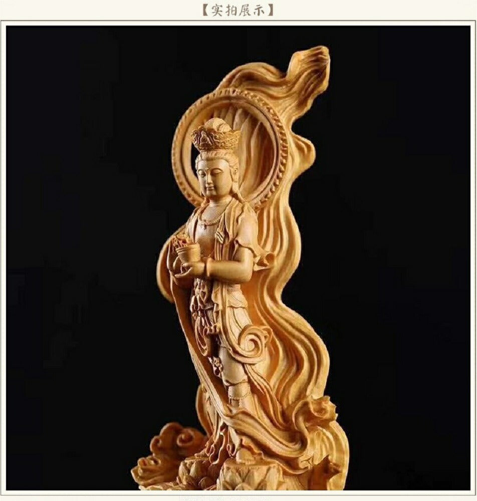 風水 インテリア | 高級天然ツゲ木彫り観音立像・風水透かし彫り仏像