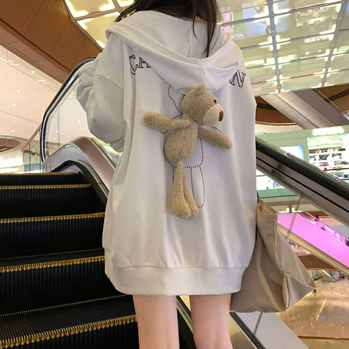 パーカー 女性 | 秋冬用テディーベア付きホワイトパーカー