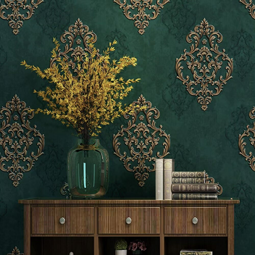 インテリア グッズ | グリーンダマスク柄壁紙シール 53cm×1000cm 3本セット DIY対応