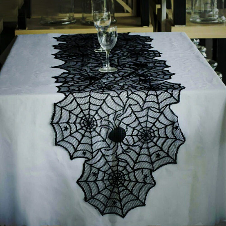イベントグッズ | ハロウィン レーステーブルクロス「蜘蛛の巣」- 黒
