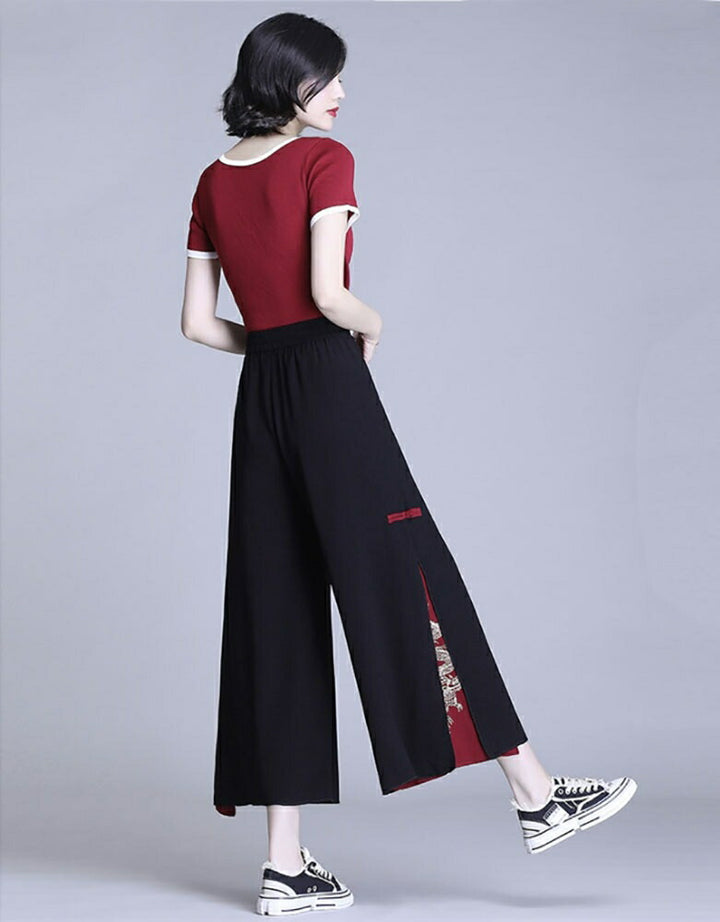 ボトムス 女性 | 龍刺繍ワイド袴パンツ 和風デザイン