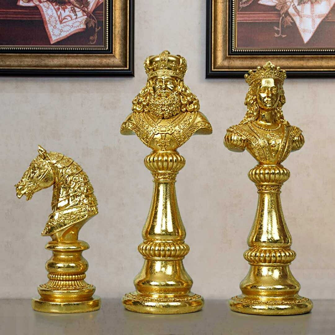 インテリア オブジェ | ナイト＆クイーン チェス駒デザイン置物3個セット 【アンティーク調仕上げ・微細な塗装ムラ等あり】