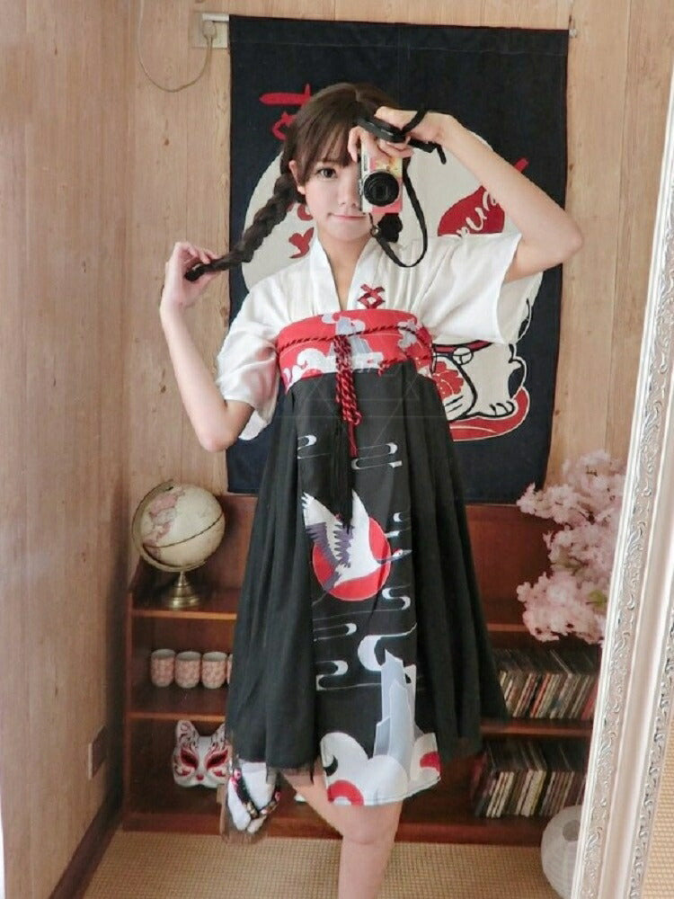 ワンピース ドレス | 鶴柄和風ドレス ホワイト 膝丈