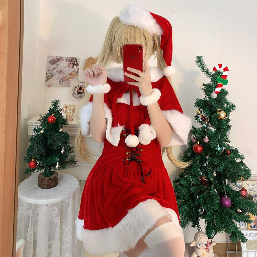 仮装 | クリスマス用サンタポンチョと猫耳ポンポン帽子 コスプレセット