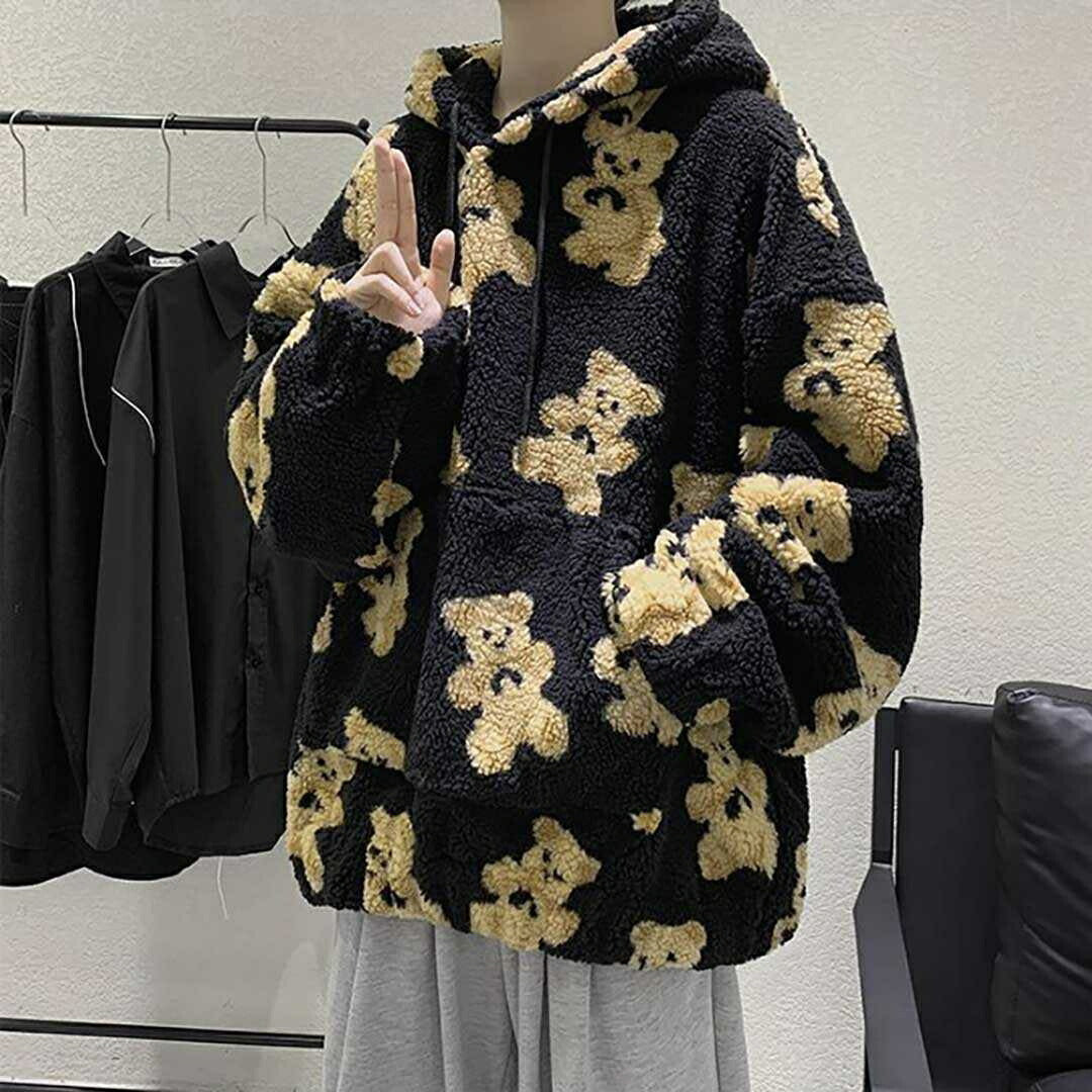 パーカー 女性 | モコモコテディベアパーカー ブラック 長袖 ユニセックス