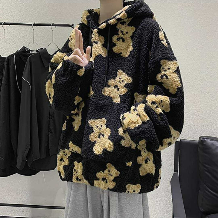 パーカー 女性 | モコモコテディベアパーカー ブラック 長袖 ユニセックス