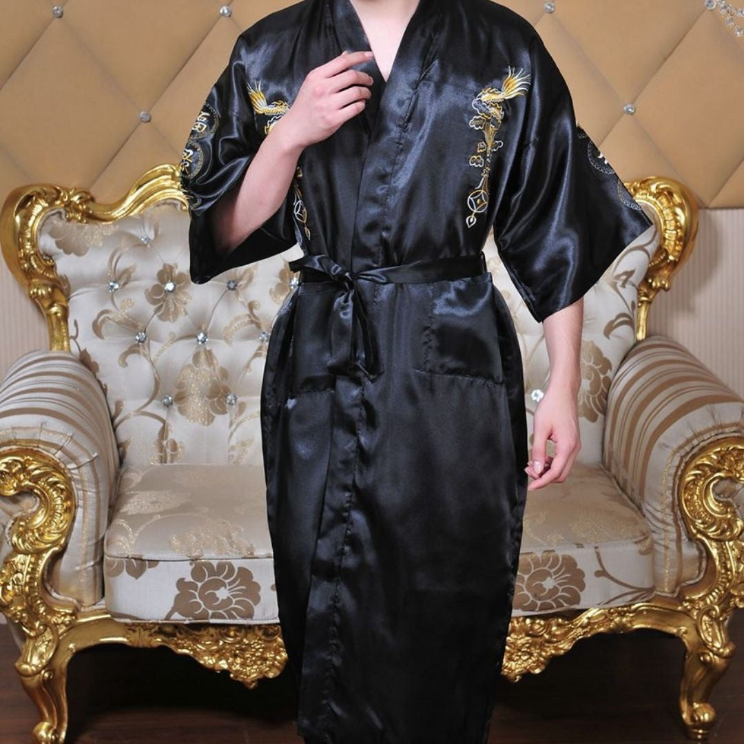 男性ファッション その他 | 龍刺繍サテンシルクバスローブ - 3色展開